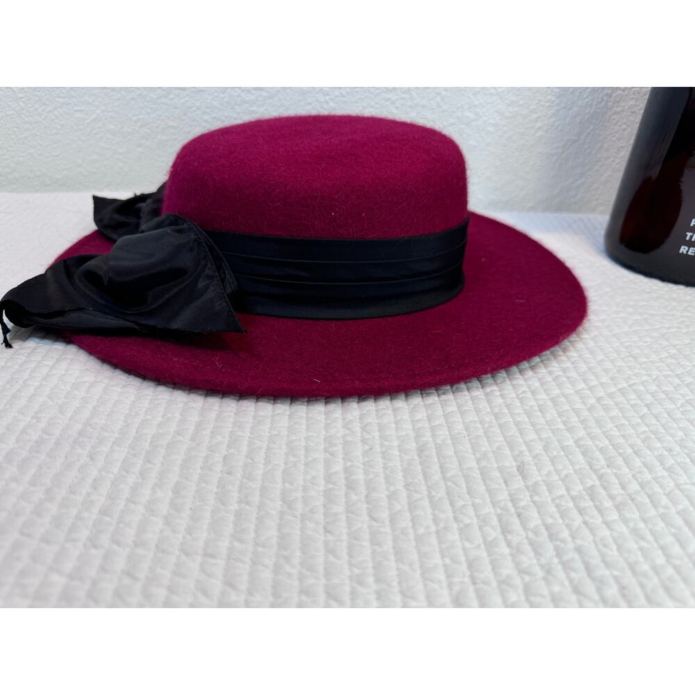 Whittall & Javits Red Wool Felt Hat Black Bow Statement Elegant Derby Church